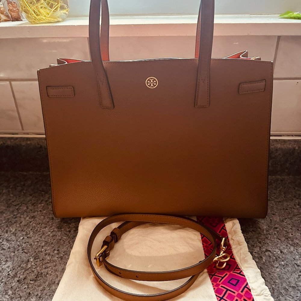 TORY BURCH Walker Pebbled Triple-Compartment Medium Satchel Handbag Purse